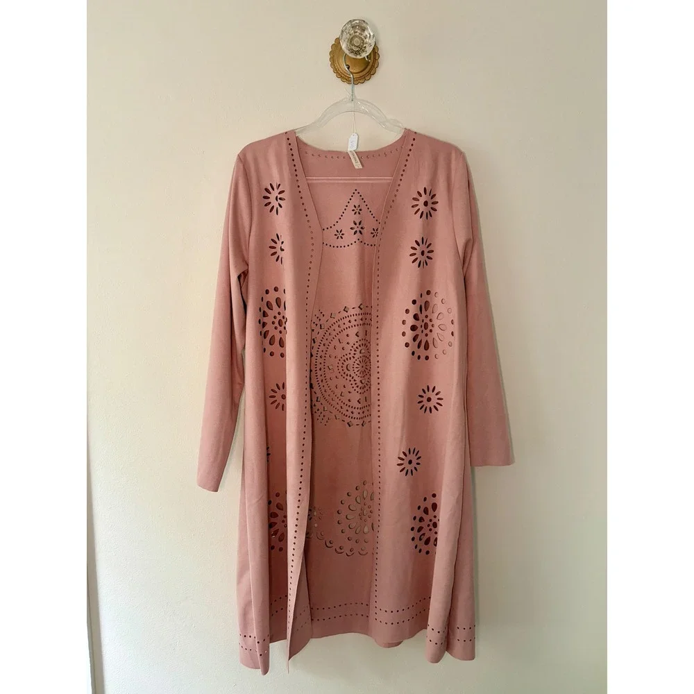 Forgotten Grace Womens Pink Faux Suede Laser Cut Duster Cardigan Size L